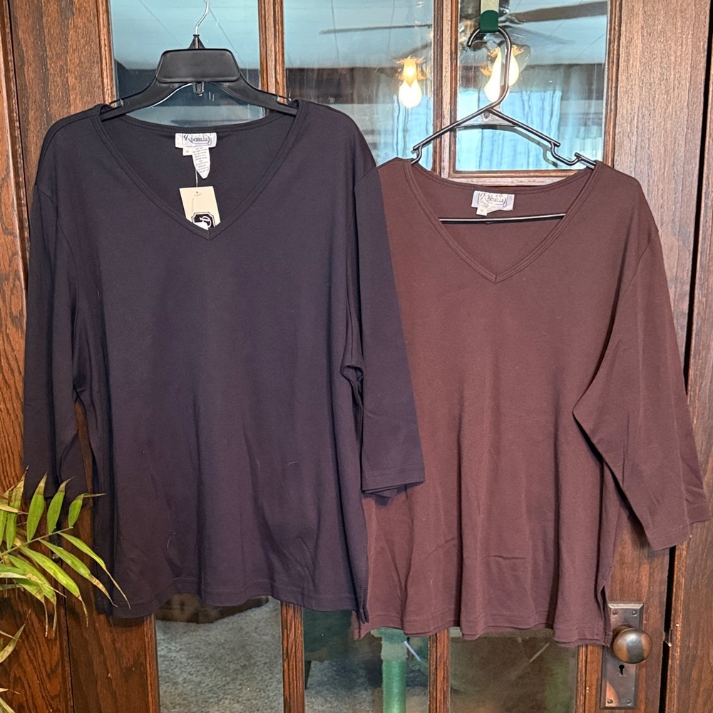Rochelle 3X V-Neck 3/4 Sleeve Tops Bundle Navy Blue Brown Made in USA Plus Size‎